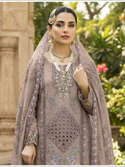 Women’s Heavy Chiffon Embroidered Suit with Hand Khatli Work and French Silk Bottom (XS-5XL)-RE