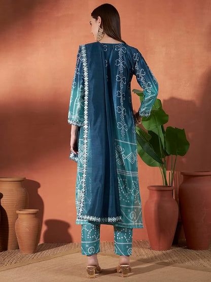 ICF Luxury Chinon Digital Print Suit Set with Embroidery & Mirror Work