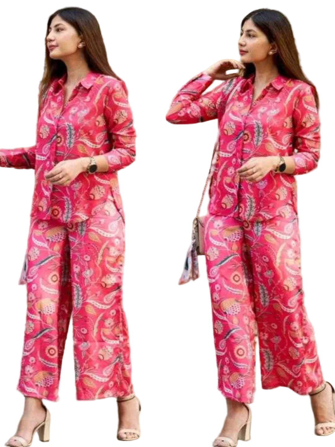 SS Pink Floral Print Cotton Blend Top & Bottom Co-ord Set With Pocket