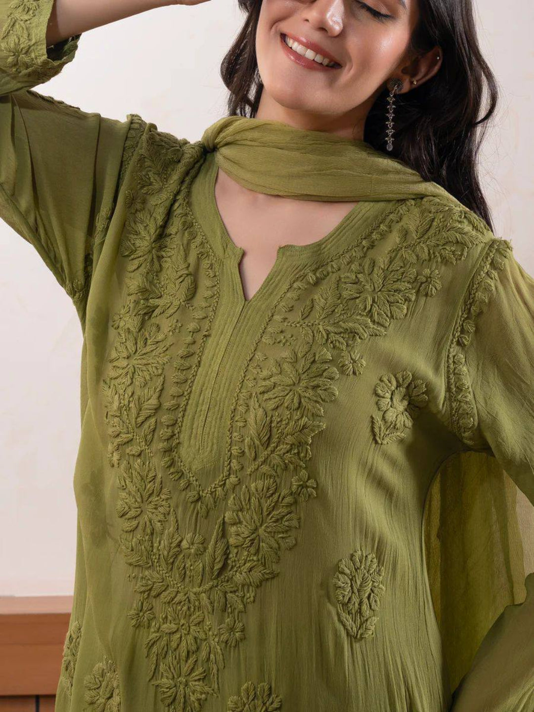 RE Designer Embroidered Georgette Kurti Palazzo Set with Lace Dupatta