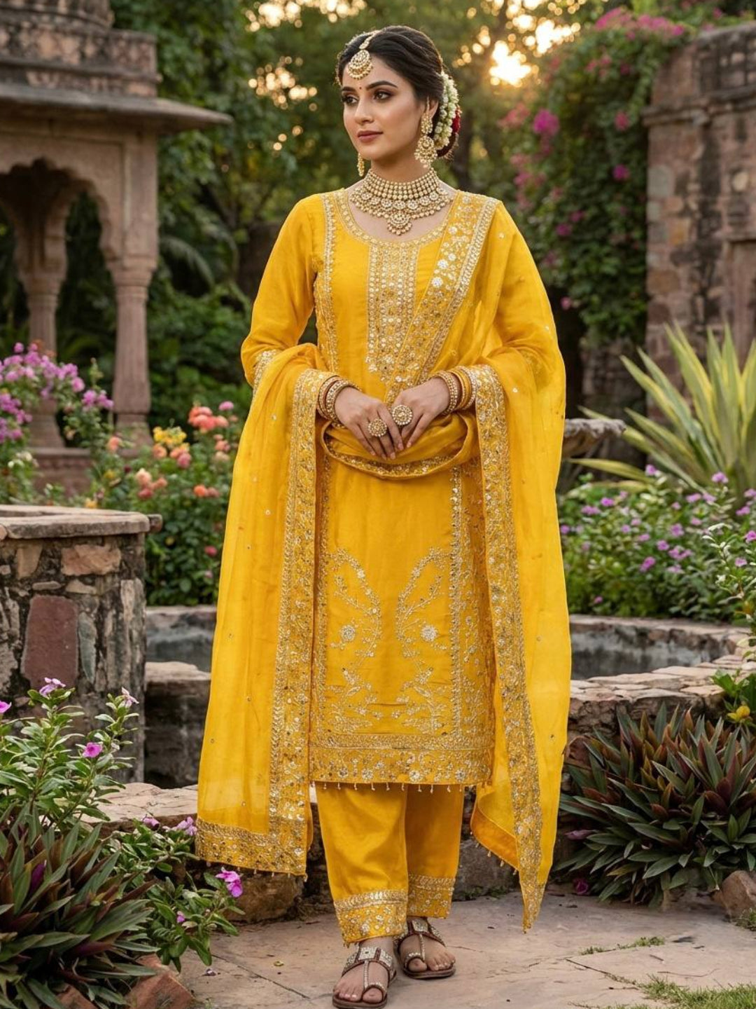 RE Pure GMY Silk Embroidered Suit Set with Sequence Work Palazzo and Dupatta (Sizes M-XXL)