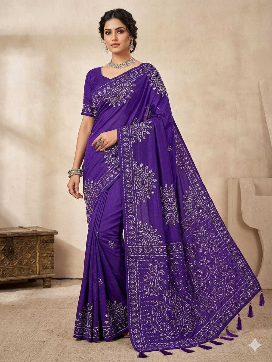 YNF Ajrakh Print Soft Satin Crepe Silk Saree with Real Mirror Work