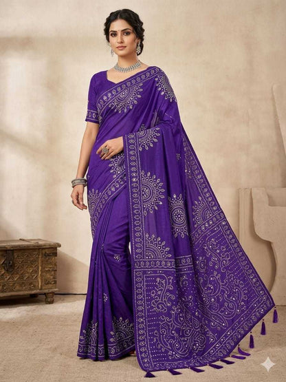 YNF Ajrakh Print Soft Satin Crepe Silk Saree with Real Mirror Work