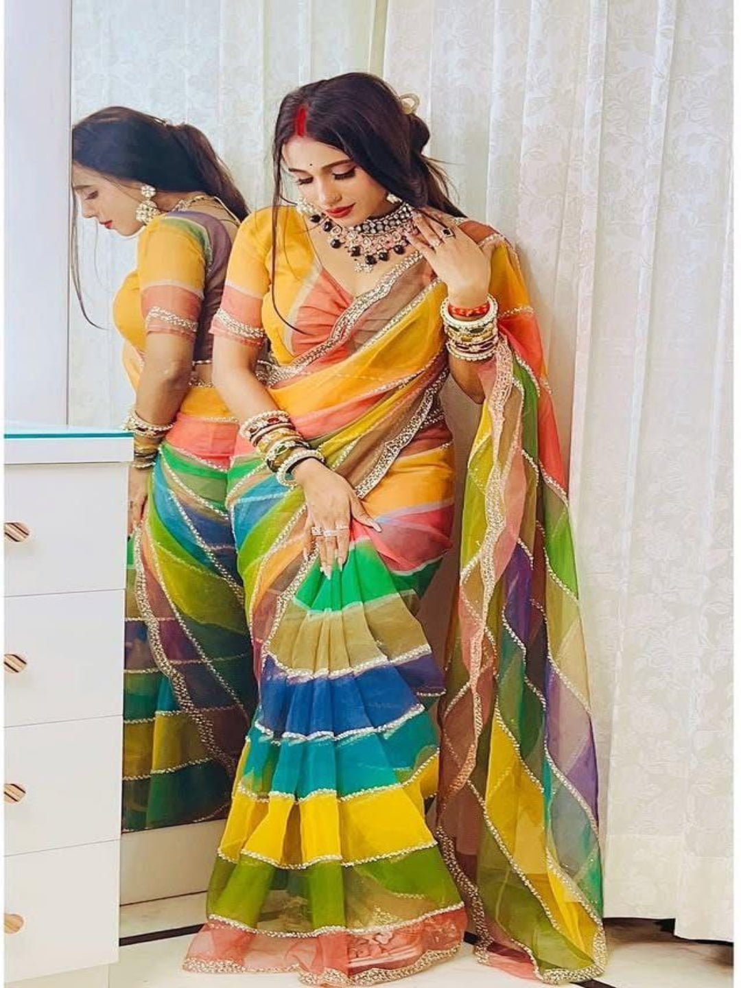 YNF Luxurious Soft Tabby Silk Saree with Zarkhan Stone Work & Contrast Satin Blouse