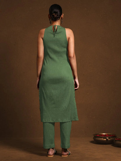 KF Green Poly Crepe Sleeveless Solid Halter Neck Kurta Set
