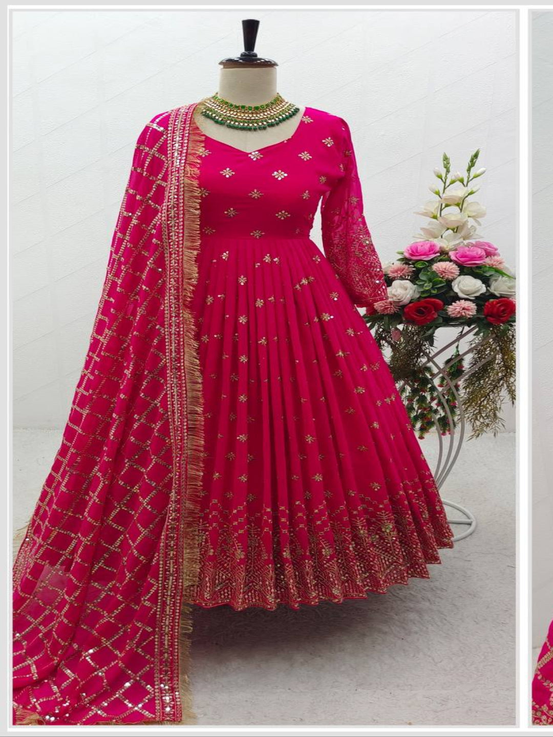 RE Heavy Fox Georgette Sequence Embroidery Gown Set with Butter Silk Pants & Zalar Dupatta