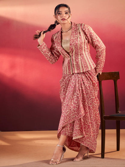 Women's Tasar Silk Printed 3-Piece Indo Western - Stitched Blouse, Top & Trousers- RE