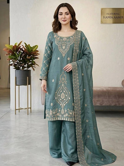 Women’s Jimmy Choo Silk Embroidered Top and Sharara Set with Sequence Cutwork Dupatta - RE