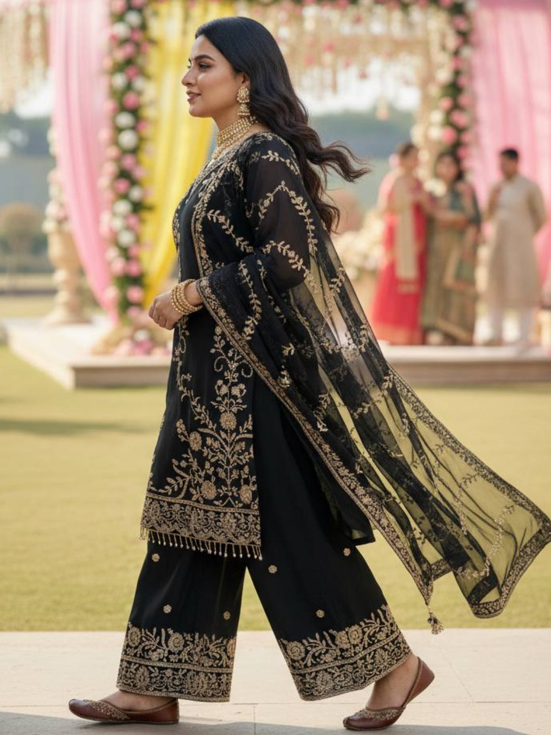 RE Semi Faux Georgette 3-Piece Kurti Plazzo Set with Sequence & Zari Work