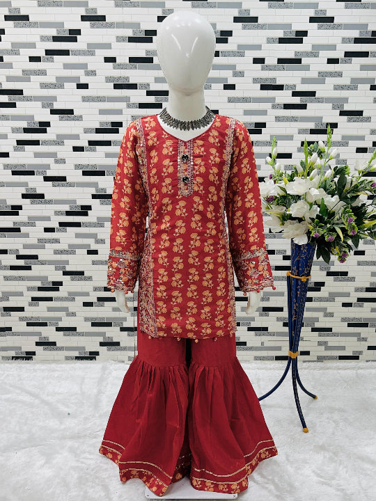 ES Elegant Heavy Chinon Top, Sharara, and Dupatta Set with Sequin Work for girls