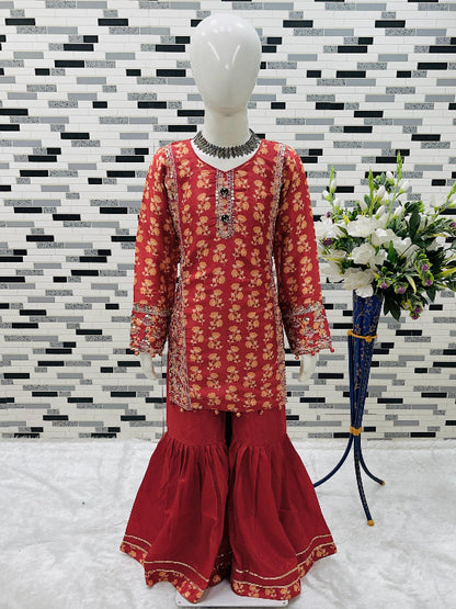 ES Elegant Heavy Chinon Top, Sharara, and Dupatta Set with Sequin Work for girls