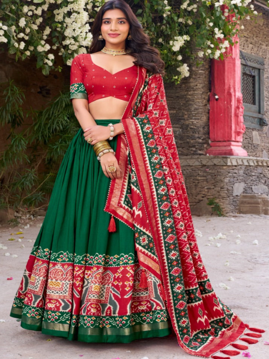 ES Tussar Silk (Stitched) Lehenga, Blouse & Dupatta