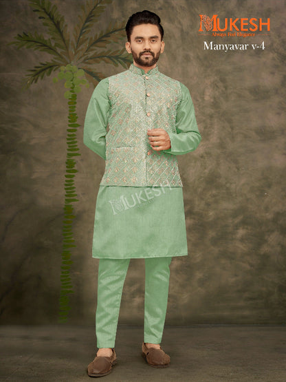 ES Heavy Banglori Silk Kurta-Pant-Koti Set  for a premium look