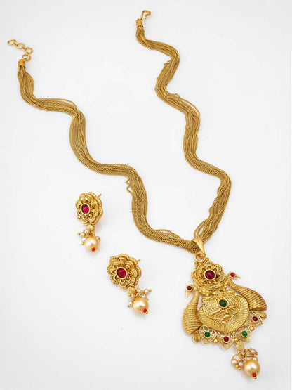 YNF Elegant Brass Gold Necklace and Earrings Set with Lustrous Pearls (Long Set) 1