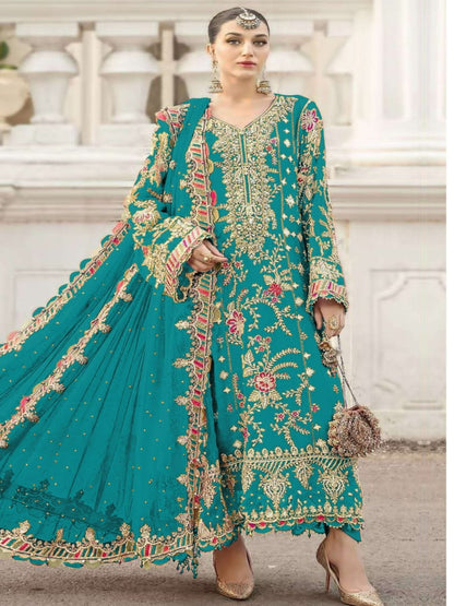 Women’s Chiffon Sequence Work Suit (XS to 5XL) with Khatli Neck Embroidery - RE