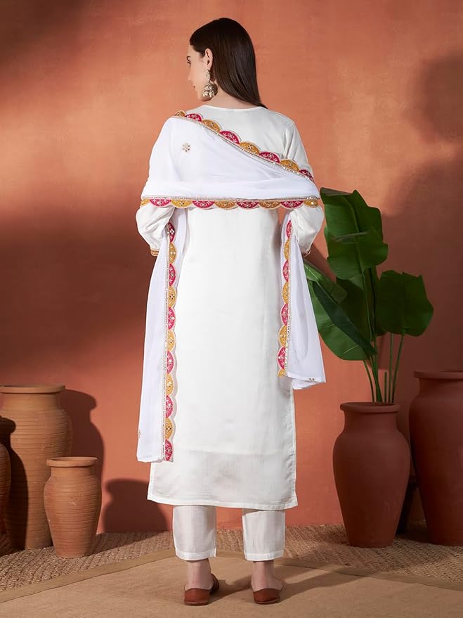 ICF Women’s White Vertigan Embroidered Kurta Set with Georgette Dupatta