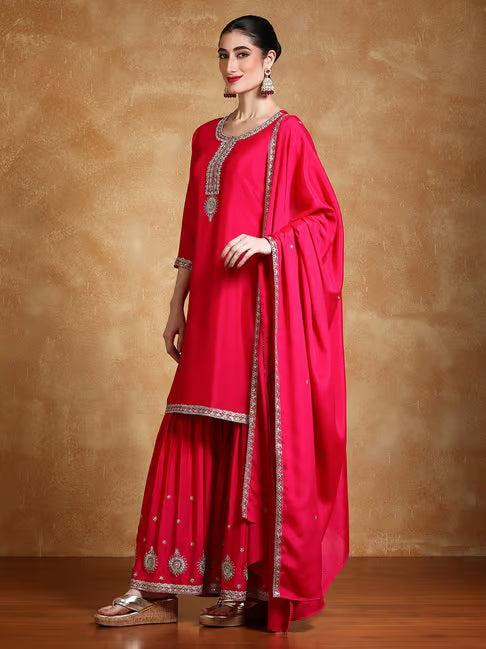 KF Women Zari Embroidered Yoke Kurta With Sharara And Dupatta