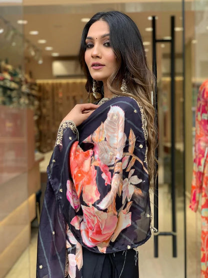 ICF Women Black floral round-neck kurta set with Dupatta
