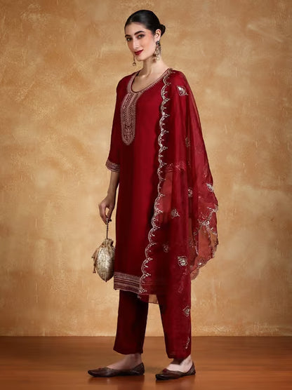 KF Women Zari & Sequin Embroidered Yoke Kurta With Trouser & Dupatta
