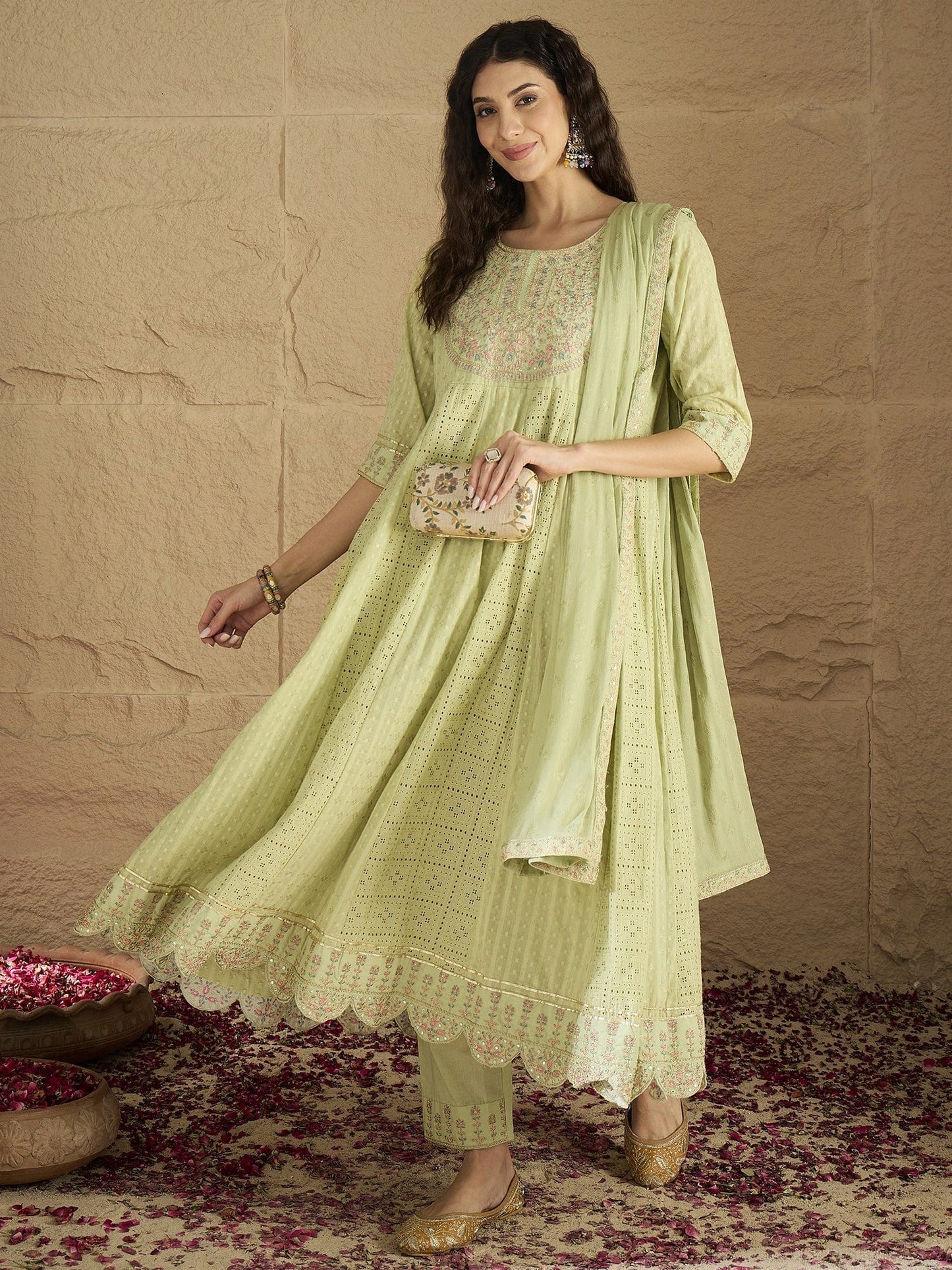 KF Mirror and Thread Embroidered, Zari Embellished Anarkali Kurta With Printed Bottom and Embroidered Dupatta