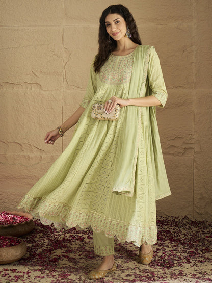 KF Mirror and Thread Embroidered, Zari Embellished Anarkali Kurta With Printed Bottom and Embroidered Dupatta