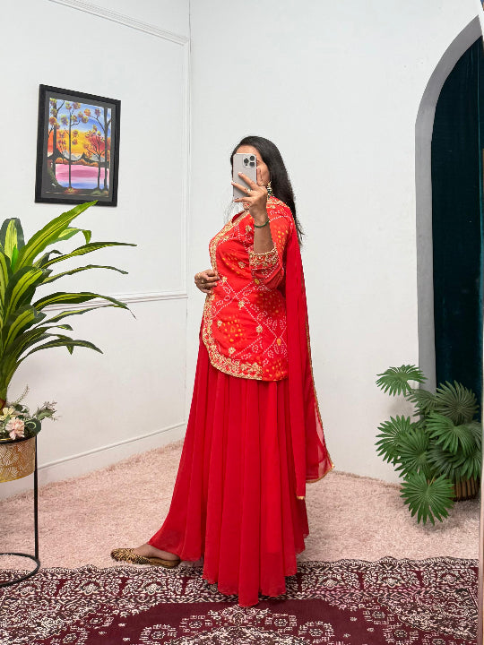 ES Women Faux Georgette Bandhani Koti-Lehenga 3 piece suit set