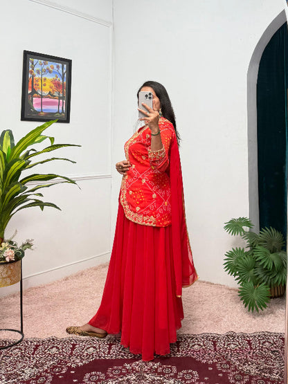 ES Women Faux Georgette Bandhani Koti-Lehenga 3 piece suit set