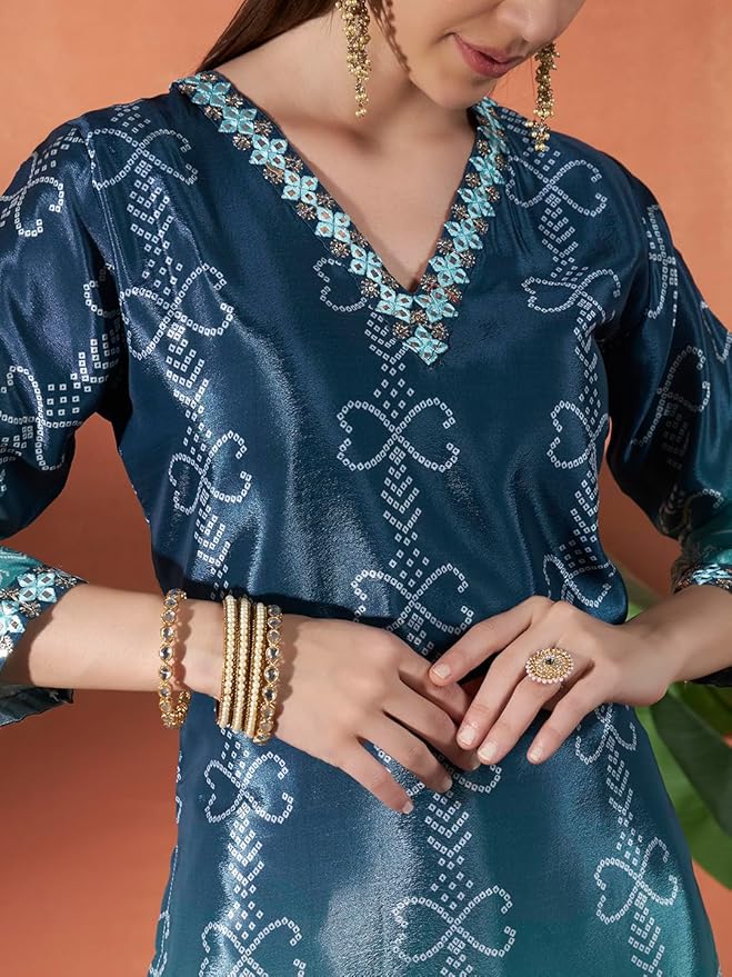 ICF Luxury Chinon Digital Print Suit Set with Embroidery & Mirror Work