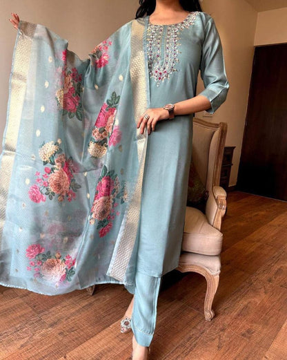 ICF Women Embroidery Chanderi Silk Kurta And Pant With Tissue Silk Dupatta