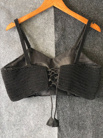 ES Designer Pure Silk Spaghetti Blouse with Handcrafted Pearl (Moti) Work