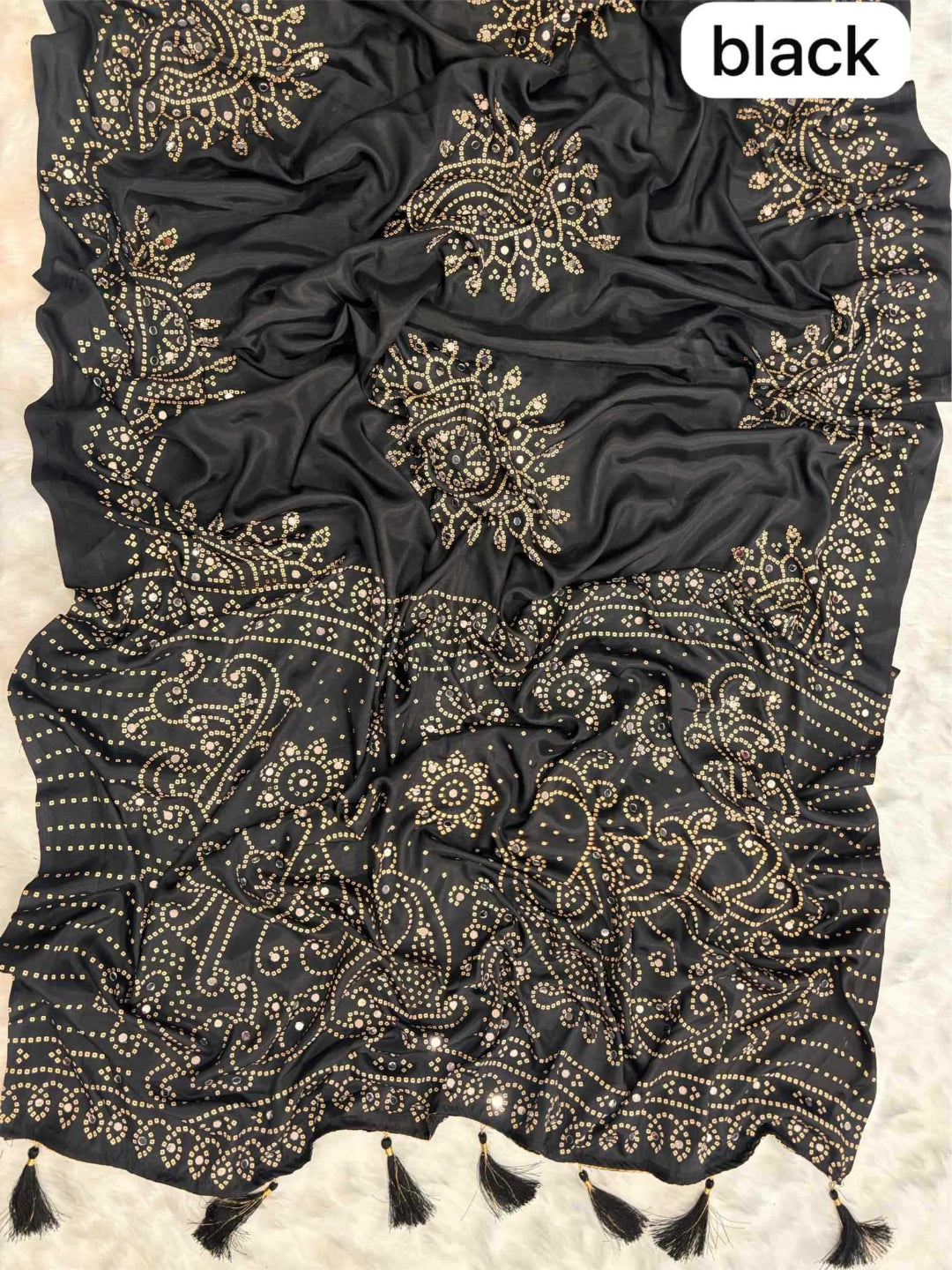 YNF Ajrakh Print Soft Satin Crepe Silk Saree with Real Mirror Work
