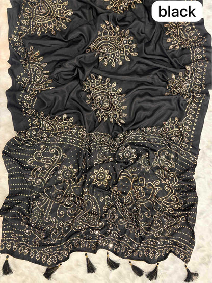 YNF Ajrakh Print Soft Satin Crepe Silk Saree with Real Mirror Work