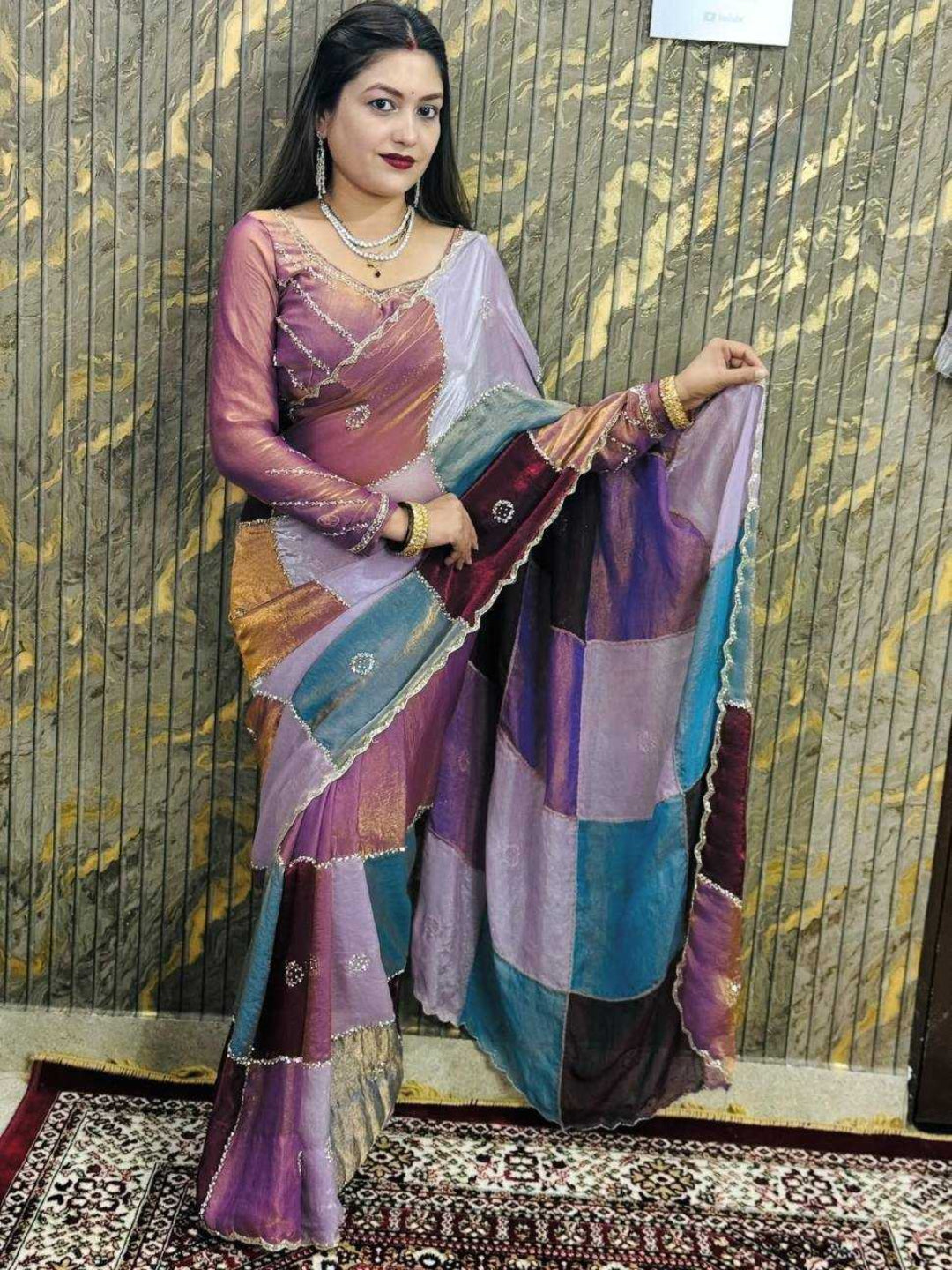 Women's Soft Space Silk Multi-Print Saree with Katdana Handwork Border and Heavy Work Blouse-RE