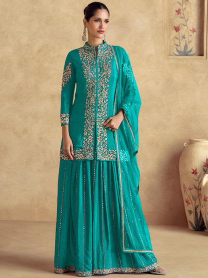 ES Top and Plazzo in Premium Chinon Silk (Free Size Stitch) & Dupatta in Premium Net