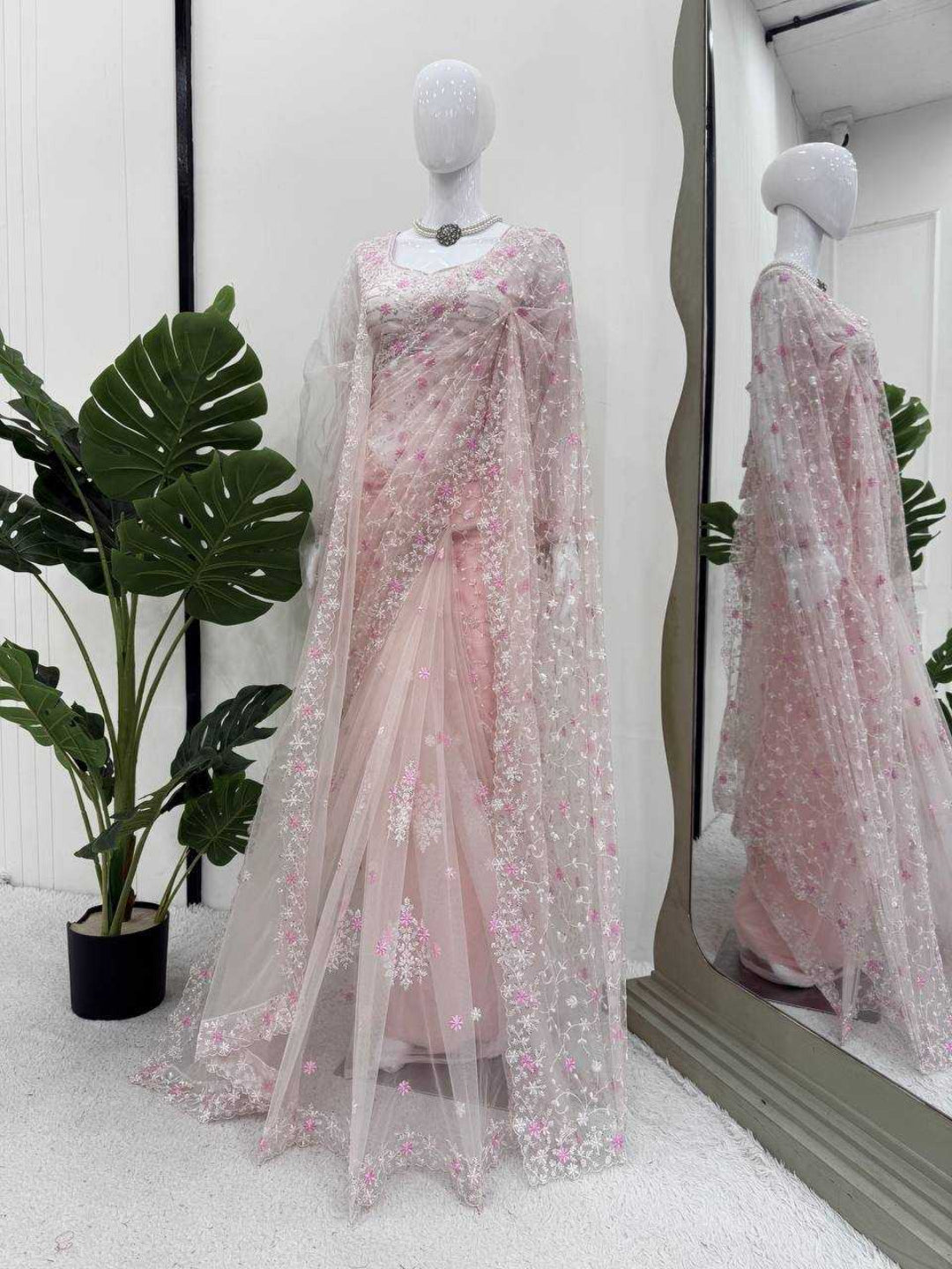 YNF Soft Net Saree, Blouse, & Dupatta Set | Thread & Sequin Work