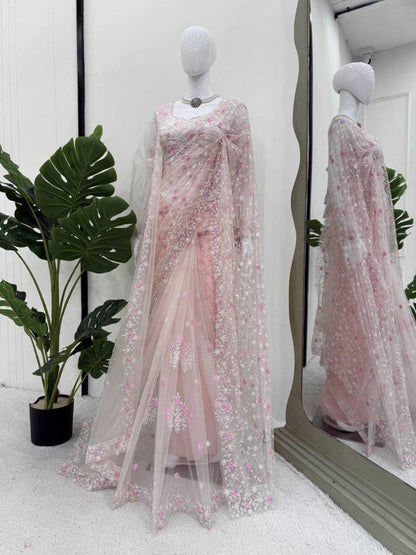 YNF Soft Net Saree, Blouse, & Dupatta Set | Thread & Sequin Work