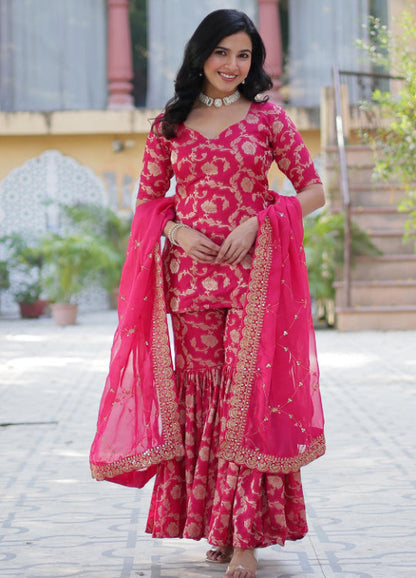 ES Georgette Jacquard Top, Gharara, and Dupatta with Sequins Embroidery and Lace Border