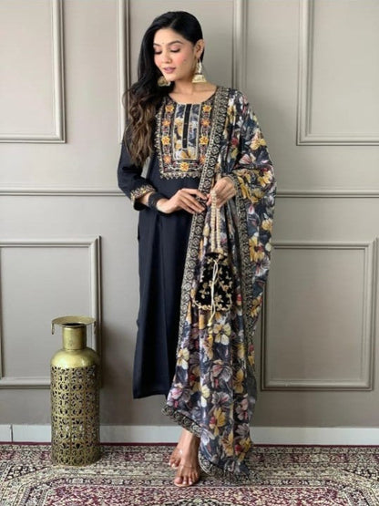 ICF Women's Roman Viscose Embroidered Kurta with Pant and Crep Silk Dupatta