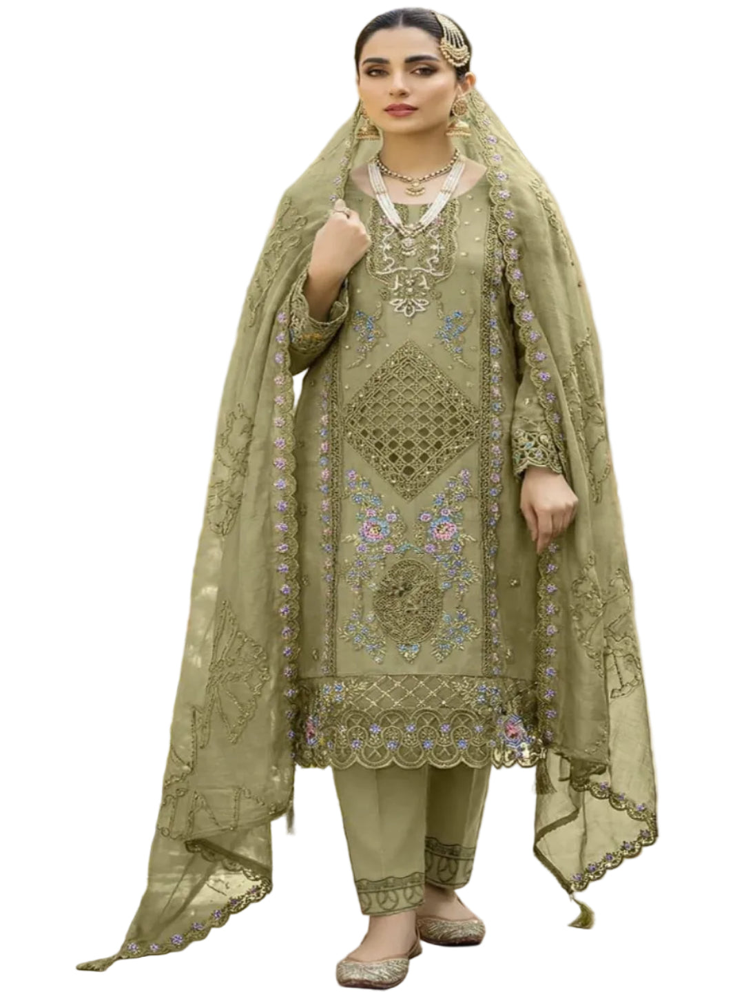 Women’s Heavy Chiffon Embroidered Suit with Hand Khatli Work and French Silk Bottom (XS-5XL)-RE