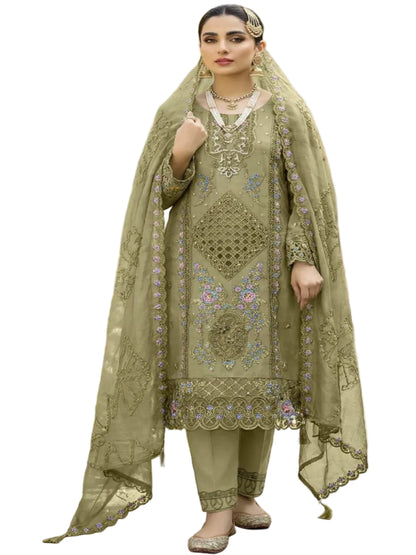 Women’s Heavy Chiffon Embroidered Suit with Hand Khatli Work and French Silk Bottom (XS-5XL)-RE