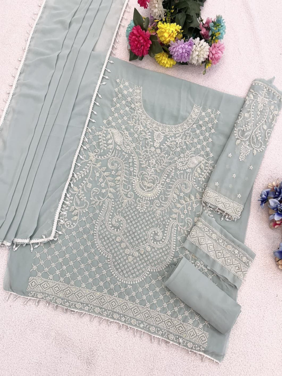 RE Heavy Georgette Designer Suit with Intricate Embroidery & Beadwork