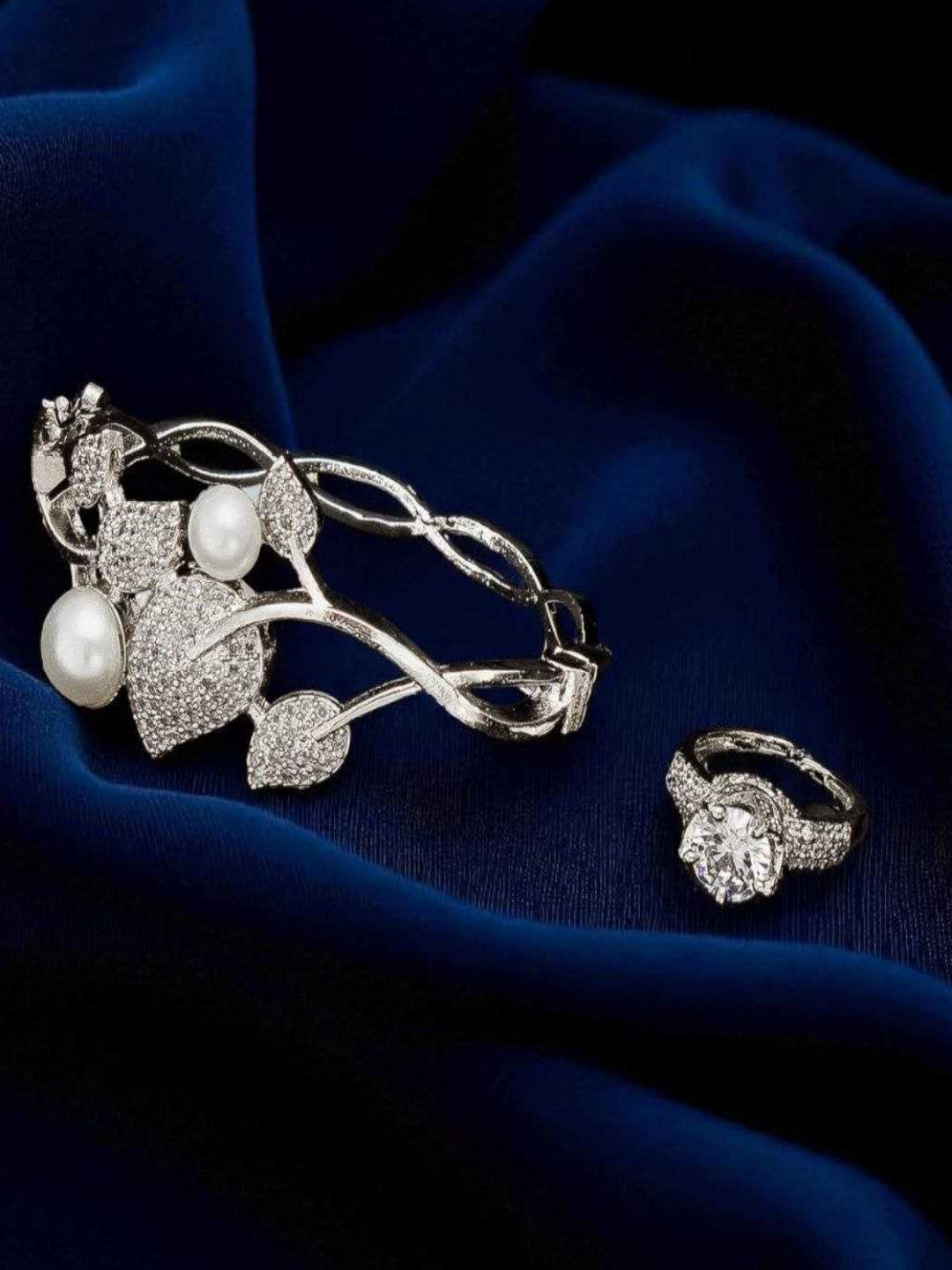 YNF Designer Silver-Plated AD Diamond Kada Bracelet with Matching Antique Ring Set