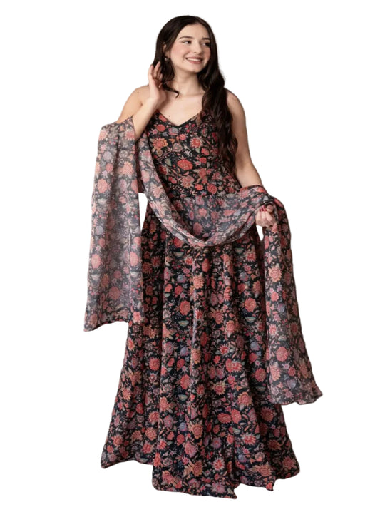 RE Digital Floral Print Soft Organza Gown with 4m Flair & Dupatta