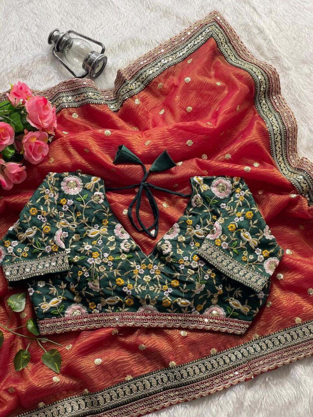 ES Women’s Soft Crush Saree with Golden Jari Butta and Fully Stitched Sequence Blouse