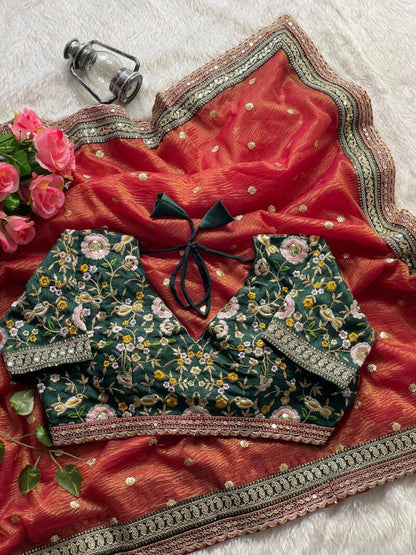 ES Women’s Soft Crush Saree with Golden Jari Butta and Fully Stitched Sequence Blouse