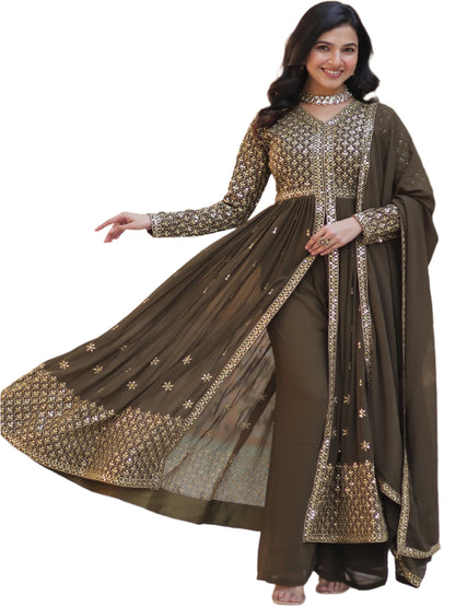 ES Faux Georgette with Embroidered Work Readymade Kurti with Pant & Dupatta Set