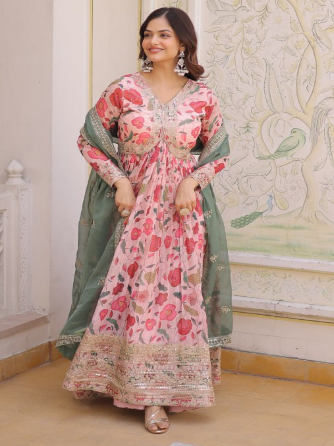 RE Designer Alia Cut Russian Silk Gown with Digital Print & Sequins Work