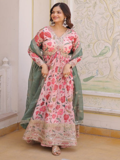 RE Designer Alia Cut Russian Silk Gown with Digital Print & Sequins Work