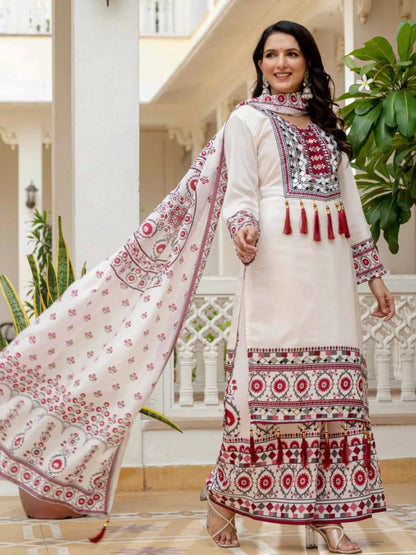 RE Maslin Silk Digital Printed Suit Set with Real Mirror Work and Palazzo (Sizes M-XXL)
