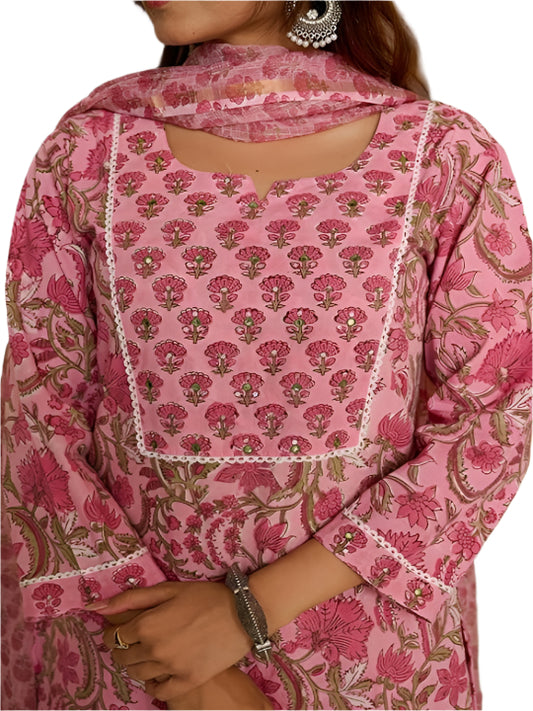 ICF Women Peach Cotton Kurti Set with Pant & Dupatta